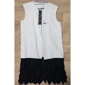 SERPIL Exclusive White Sleeveless Dress‎ w/ Black Lace Hem – NWT Size 38/8